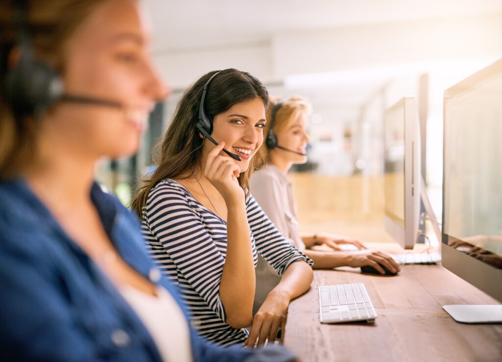 Call,Center,,Computer,And,Portrait,Of,Woman,At,Desk,In